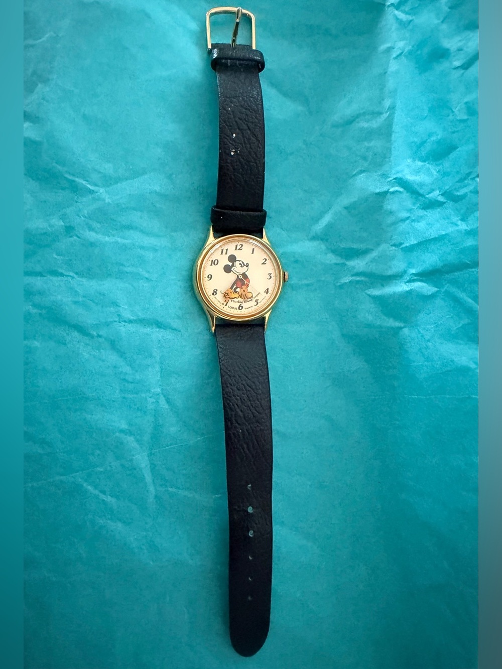 Disney Mickey Mouse Watch.  Black Leather Strap with Gold Case